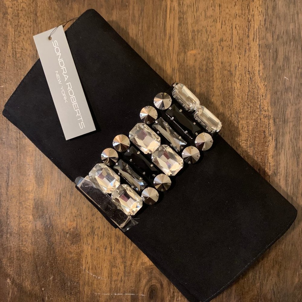 Crystal Embellished Black Suede Leather Clutch